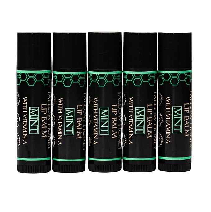 Organic Tallow Lip Balm (5 Pack) - Hydrating With Organic Italian Olive Oil, Pure Grass Fed Tallow, and Beeswax - Long Lasting Lip Therapy (5 Pack, Fresh Mint)