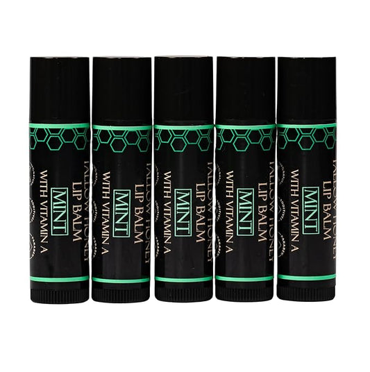 Organic Tallow Lip Balm (5 Pack) - Hydrating With Organic Italian Olive Oil, Pure Grass Fed Tallow, and Beeswax - Long Lasting Lip Therapy (5 Pack, Fresh Mint)