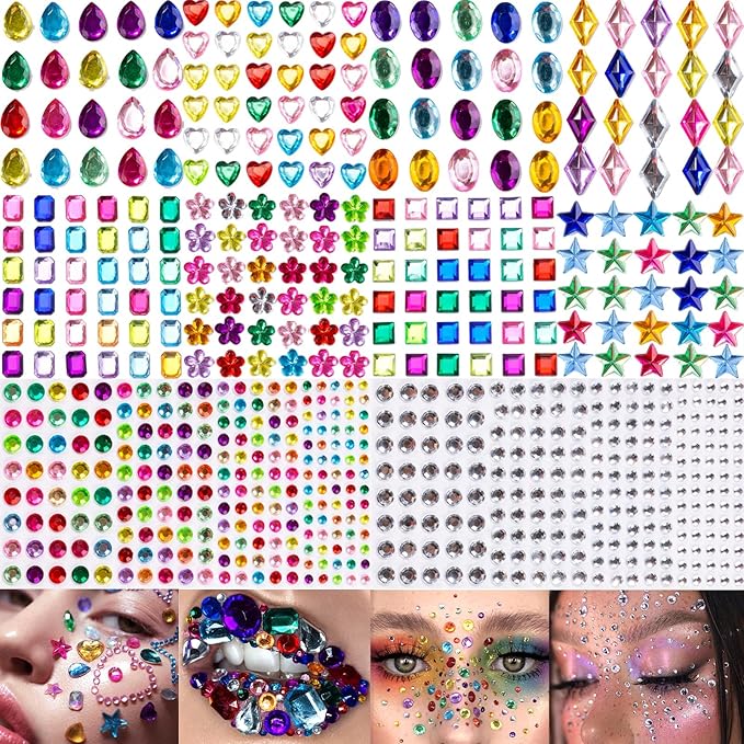 10 Sheets Face Gems Jewels for Makeup Self Adhesive Assorted Shapes Rhinestones for Christmas Crafts, Eye Body Gems Nail Art Festival Party Rave Accessories for Women