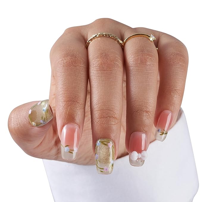 Large-Golden Garden Fake Nails Press-On Manicure Kit for Women | French Tip 10 Nails | Nail Glue, Dual Nail File, Cuticle Stick, Buffer Block | Measure Before Ordering