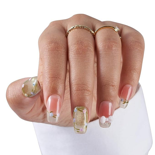 Large-Golden Garden Fake Nails Press-On Manicure Kit for Women | French Tip 10 Nails | Nail Glue, Dual Nail File, Cuticle Stick, Buffer Block | Measure Before Ordering