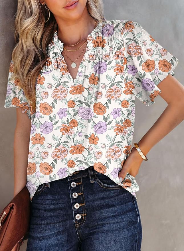 SHEWIN Women's Casual V Neck Floral Print Smocked Short Sleeve Chiffon Blouses Bohemian Top Shirts