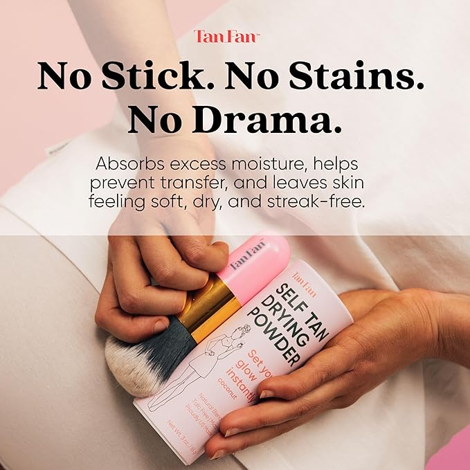 Tan Fan Self Tan Drying Powder - Stops Sticky Feeling After Sunless Tanner - 100% Vegan Talc-Free Translucent Loose Setting Powder In Shaker Bottle For Smooth Silky Skin - USA Made (Coconut 3oz)