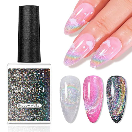 Makartt Rainbow Cat Eye Gel Nail Polish: Glitter Universal 9D Holographic Sparkly Soak Off Gel UV/LED Manicure with Magnet Stick for Nail Art Designs 10ml
