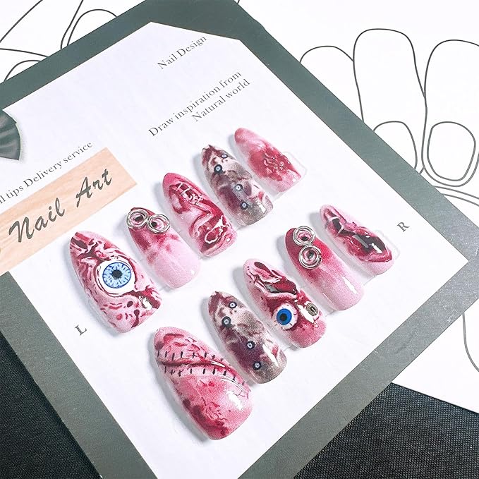 30pcs Horror Halloween Press on Nails Medium Almond Fake Nails with 3D Eyeball Designs Blood False Nails Kit Halloween Acrylic Nails Full Cover Stick on Nail for Women Holiday Nail Decoration