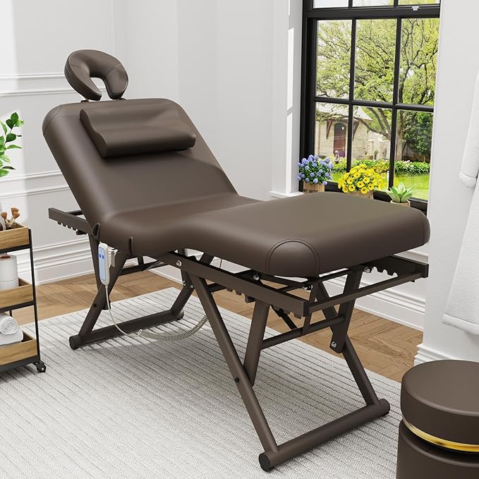 pouseayar Adjustable Massage Table with Face Pillow & Headrest, Sturdy and Solid, Silent and Easy to Adjust - Adjustable Backrest, Electric Leg Lifting, Brown