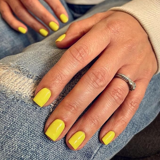 Short Press on Nails Square Yellow Set,Glazed Gel Nails Press on Acrylic Nail Pure Color Fake Short Nail Glue on Natural Petite False Nails Bright Stick on Nails 24 Pcs