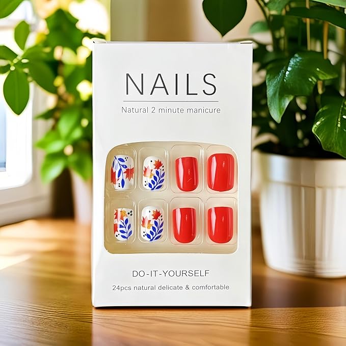 24Pcs Fall Red Press on Nails Short Square Fake Nails with Maple Leaf Design Autumn False Nails Thanksgiving Glue on Nails Blue Leaf Polka Dot Full Cover Artificial Nail for Women Holiday Manicure