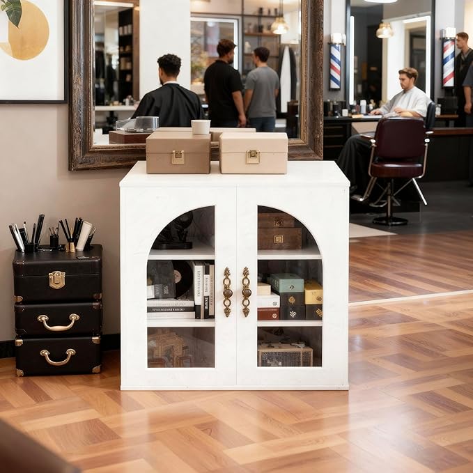 3-Layers Salon Station Free Standing Cabinet, Hair Styling Stations Salon Furniture w/Glass Doors, Bronzed Metal Handles, Wood Grains Surface, Barber Table Hair Salon Furniture(White)