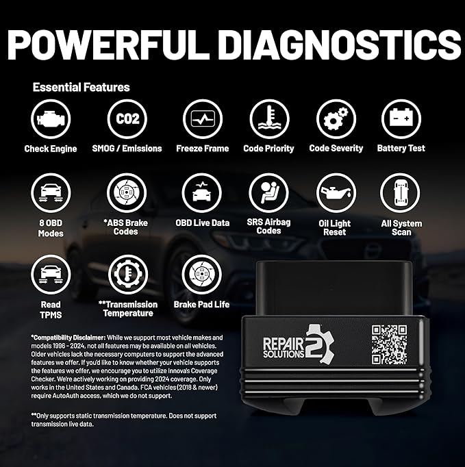 Innova 1000 Bluetooth OBD2 Scanner for iPhone & Android - Predict Car Problems Before They Happen - No Subscriptions - Detect Check Engine, ABS, SRS Issues for Cars 1996+