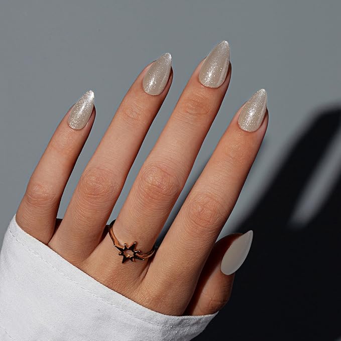 KQueenest Cat Eye Press On Nails Short, Acrylic Press On Nails Almond, Sparkle Milky White Fake Nails With Glue, Recycled Soft Gel Glue On Nails for Woman, Long-Lasting Glitter Effect, 30 Pcs