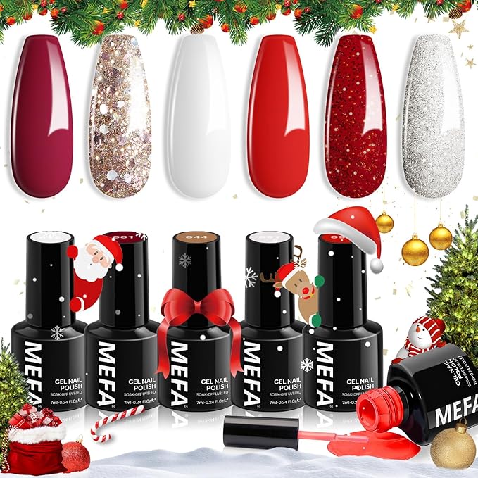 MEFA 6 Colors Red Gel Nail Polish Set, Fall Winter Christmas Glitter Shades Sparkle Silver Champagne Love Times Tones Salon Decorations Nail Art Design at Home Manicure DIY Kit Gifts for Women Girl