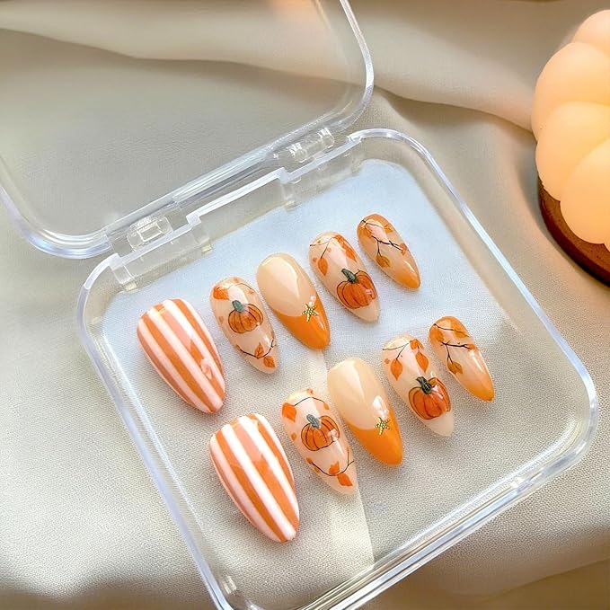 30Pcs Cute Fall Press on Nails Almond Medium Fake Nails Autumn Cute Pumpkins Stripe Maple Leaves Acrylic Nail Starfish Pearl Nail Charms Reusable French Tips Glue Stick On Nails for Women Manicure
