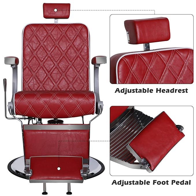BarberPub Heavy Duty Metal Vintage Barber Chair All Purpose Hydraulic Recline Salon Beauty Spa Shampoo Equipment 3825 (Red with White Stitches)