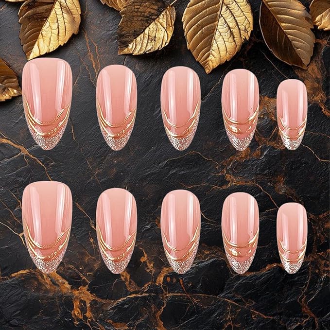 French Tips Press on Nails 3D Curve Line Press ons Fingernail Sparkly Gel Glue on Acrylic Fake Nails 24Pcs Glossy Silver Glitter Medium Almond False Nail Elegant Stick on Nail for Holiday Manicure Art