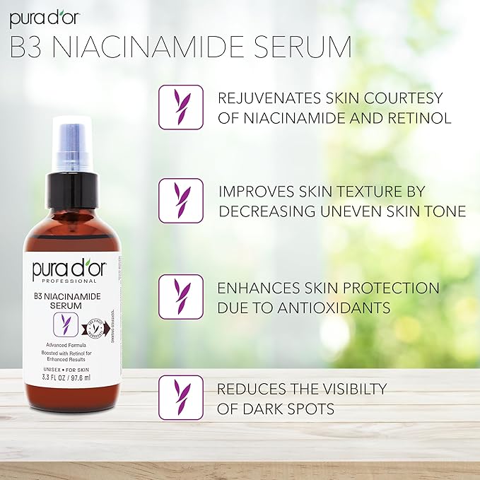 PURA D'OR B3 Niacinamide Advanced Facial Serum (3.3oz x3 = 9.9oz) Skin Care Formula with Retinol For Wrinkles, Hydration & Complexion - All Skin Types, Hypoallergenic - Women & Men