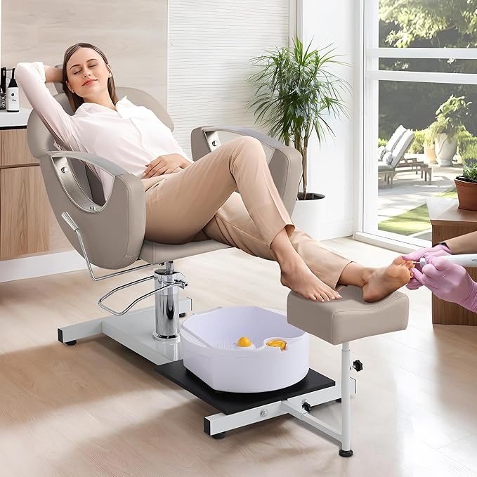 Pedicure Station No Plumbing, Hydraulic Pedicure Chair for Nail Tech, Height Adjustable Reclining Pedicure Station Unit, 360 Degree Swivel Foot Spa Chair with Massage Foot Bath (Grey-Sliver)