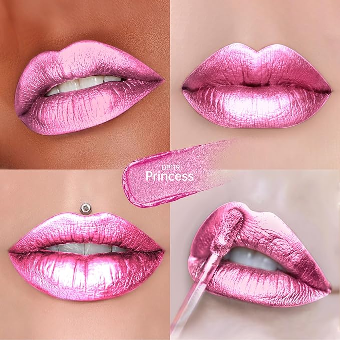 Pink Lipsticks for Women Metallic Lipstick Long Lasting Non Stick Cup Lip Gloss, Shimmer Lightweight Hydrating Full Coverage Lip Color, DP119 Princess