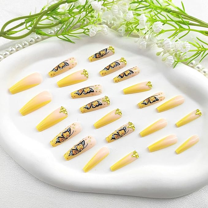 Extra Long Coffin Glue on Nails French Tip Press on Nails Long Yellow Gradient False Nails with Rhinestones Glitter Design Cute Butterfly Fake Nails Glossy Acrylic Nails Press ons for Girls 24Pcs