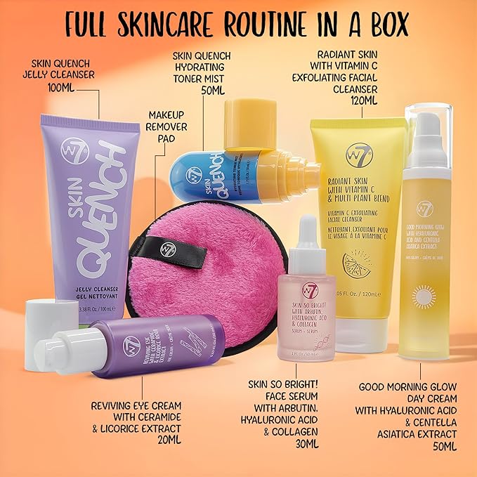 W7 Beauty Blast Skincare Secrets Gift Set - Complete Full Size Skincare Routine with Day Cream, Serum, Cleansers, Toner Mist, Eye Cream and Makeup Remover Pad - Skincare Gifting