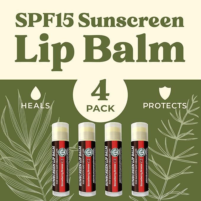 Earth's Daughter SPF Lip Balm 4-Pack Strawberry Flavor Stocking Stuffers - Lip Sunscreen, SPF 15, Organic Ingredients, Beeswax, Coconut Oil, Vitamin E - Hypoallergenic, Paraben Free, Gluten Free