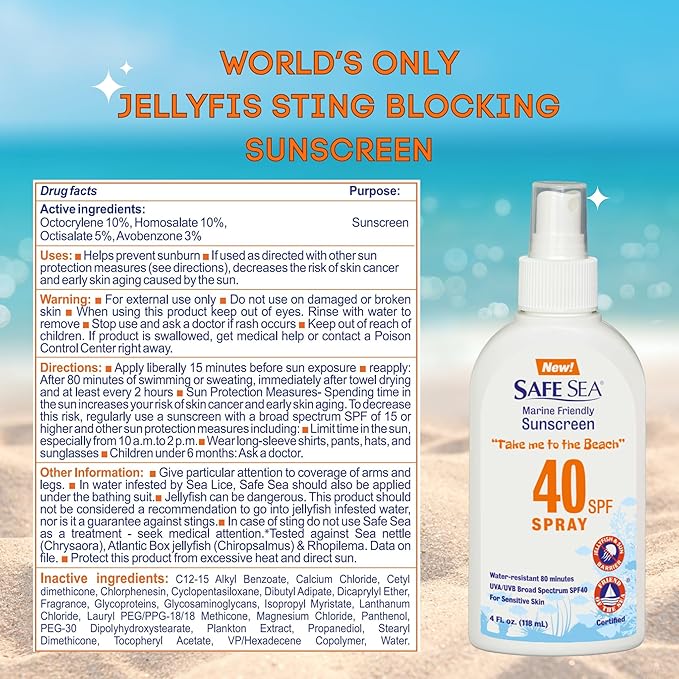 Safe Sea Anti-jellyfish Sting Protective Lotion- SPF50- Hypoallergenic Jellyfish & Sea Lice Prevention Sunscreen (for Kids (2+1 50 kids & 40 spray)