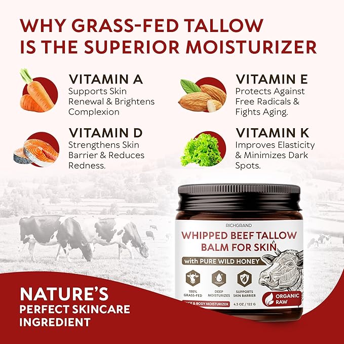 Beef Tallow for Skin - Whipped Grass-Fed Moisturizer with Wild Honey & Beeswax, Natural Face & Body Care, Deep Hydration, Anti-Aging, Sensitive Skin Safe, 100% Organic Balm