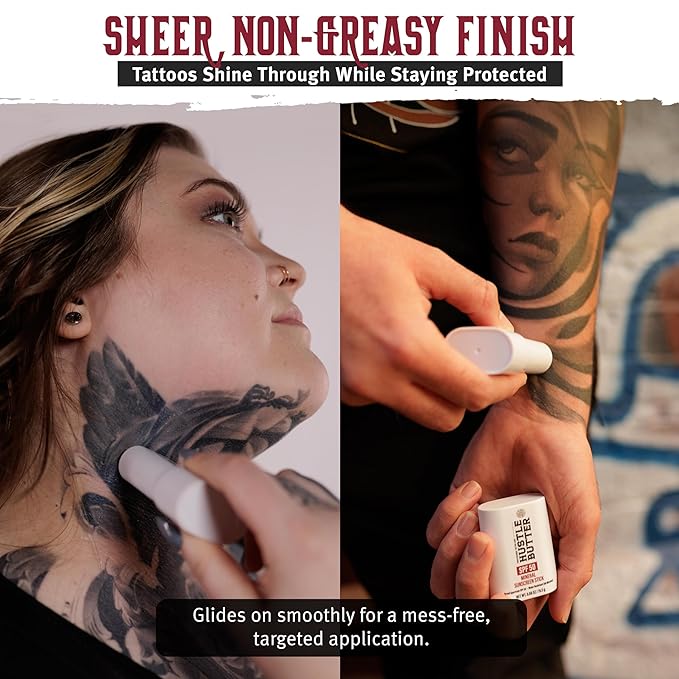 Hustle Butter Tattoo Aftercare Sunscreen Stick - Tattoo Sunscreen Stick, Fade Protection SPF 50, Hydrating with Shea Butter & Coconut Oil, TSA-Friendly, Water Resistant, Non-Greasy, 0.68 oz