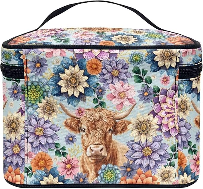 Boho Mandala Highland Cattle Pattern Travel Makeup Bags for Women Portable Tote Cosmetic Case with Carry Handle Toiletry Accessories Storage Organizer Bags