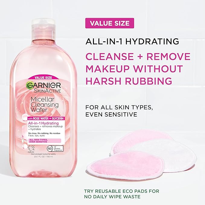 Garnier Micellar Water with Rose Water and Glycerin, Hydrating Facial Cleanser & Makeup Remover, For All Skin Types, Vegan, Cruelty Free, 23.7 Fl Oz (700mL), 1 Count