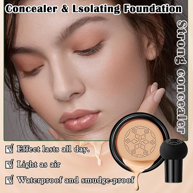 Air Cushion CC Cream Mushroom Head Foundation,Full Coverage Liquid Makeup Foundation,Oil Control Long Lasting Moisturizing BB Cream Foundation Makeup,Matte Concealer for All Skin Types(Natural)