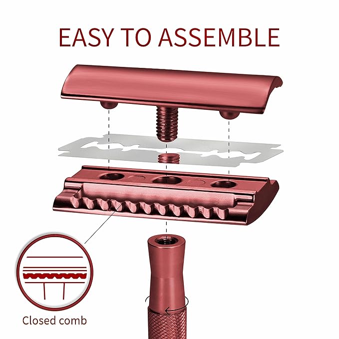 Bambaw Single Blade Double Edged Safety Razor with 5 Blades, Durable Metal Razor for Men & Women, Reusable & Plastic Free Double Edge Safety Razors for Men – Red