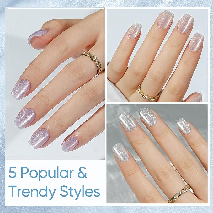 Press on Nails Short 5 Styles, Jofay Fashion 160Pcs Summer Cat Eye Press on Nails for Women, Reusable Opaque Gel Fake Nails, Square Glue On Nails in 16 Sizes, Island