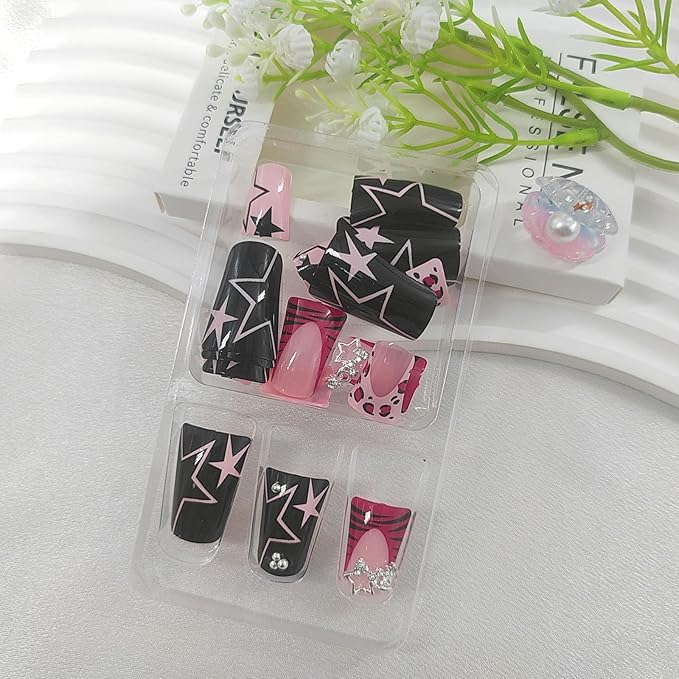 Duck Press on Nails Medium Fake Nails with Star Leopard Print Pearl Designs French Tip Nails Press ons Black Acrylic Nails for Women 24Pcs