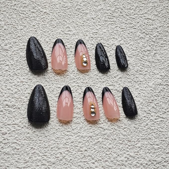 Black Press on Nails Medium Almond Shape Fake Nails with Glitter Design Glossy Stick on Nail Artificial Nail Nude Full Cover False Nail Rhinestone Glue on Nails for Women Girls Manicure 24Pcs