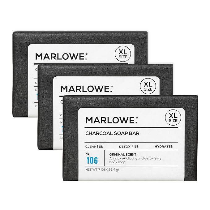 MARLOWE. No. 106 Charcoal Soap 7 oz (3 Bars) Body Bar Soap for Men, Cleansing, Purifying & Hydrating with Natural Extracts, Shea Butter, Olive Oil & Green Tea Extracts, Fresh Woodsy Scent