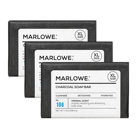 MARLOWE. No. 106 Charcoal Soap 7 oz (3 Bars) Body Bar Soap for Men, Cleansing, Purifying & Hydrating with Natural Extracts, Shea Butter, Olive Oil & Green Tea Extracts, Fresh Woodsy Scent