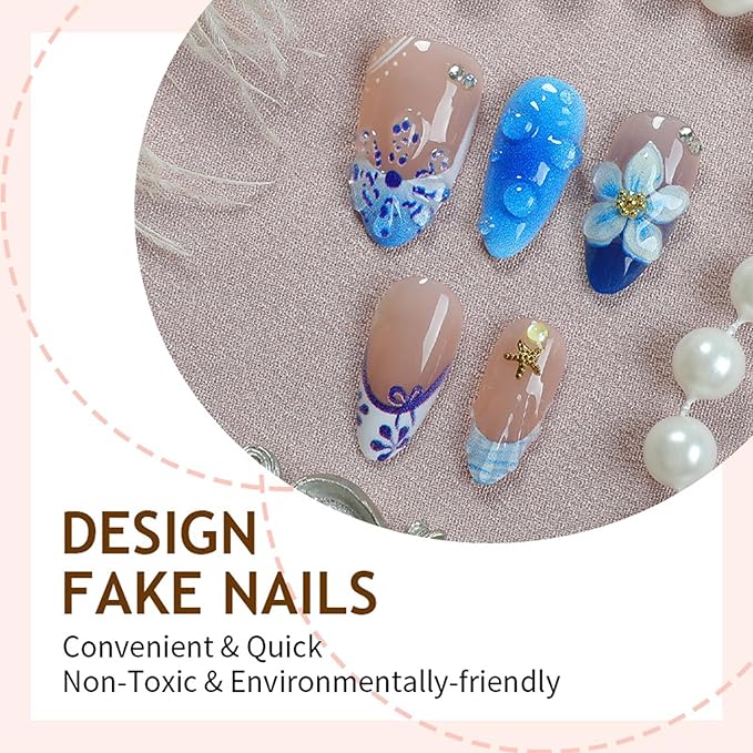 30Pcs Blue Flower Press on Nails Medium Almond Fake Nails with Shiny Rhinestones Design French Summer Beach False Nails Floral Shell Starfish Stick on Nails Full Cover Glue on Nail for Women