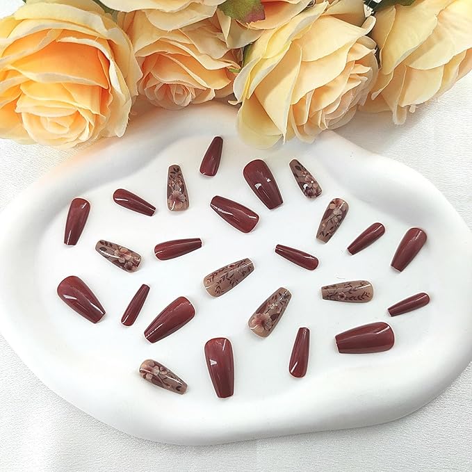 Coffin Press on Nails Medium Fake Nails with Flower Leaf Design Glue on Nails Brown Full Cover Nails Press ons Cute Fall False Nails Glossy Coffin Stick on Nails for Women 24Pcs