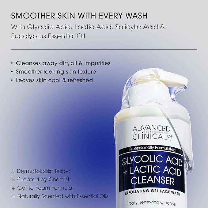 Advanced Clinicals Exfoliating Glycolic Acid & Salicylic Acid Face Wash + Hydrating Vitamin C Facial Cleanser 2pc AM/PM Skin Care Set For Women & Men To Gently Exfoliate & Cleanse Dirt & Oil, 2PC