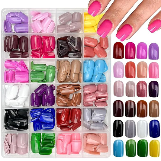 576 Pcs Short Square Press On Nails, 24 Colors, Full Cover False Nails, Glossy Acrylic, Glue On Nails for Women Manicure