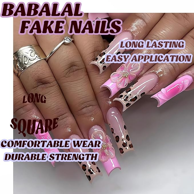 BABALAL Hot Pink Press on Nails Brown Cheetah French Tip Glue on Nails 3D Texture Flower Handmade Acrylic Nails Y2k Gyaru False nails 24Pcs Squoval Manicure Stick on Nails Full Cover Artificial Nails