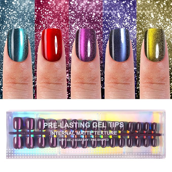 150Pcs Cat Eye Press on Nails Short Square, Plauva Soft Gel Fake Nails, Glossy Glitter Cat Eye Nail Tips for Women and Girls Stick On Nails in 15 Sizes