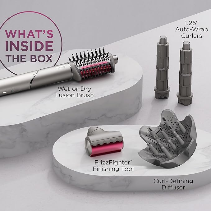 Shark FlexFusion Hair Dryer with Fusion Hair Brush, Diffuser, Ceramic Air Styler with Auto-Wrap Hair Curlers, Ceramic Plates, Metallic Mist HD642