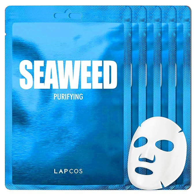 LAPCOS Seaweed Sheet Mask, Daily Face Mask with Hyaluronic Acid to Smooth and Purify Skin, Korean Beauty Favorite, 5-Pack