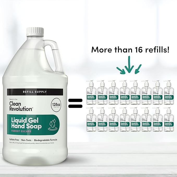 Clean Revolution Liquid Gel Hand Soap, Silky Rich Liquid, Quick Lather, Fast Rinsing, Contains Real Essential Oils (Forest Escape) 128 Fl Oz