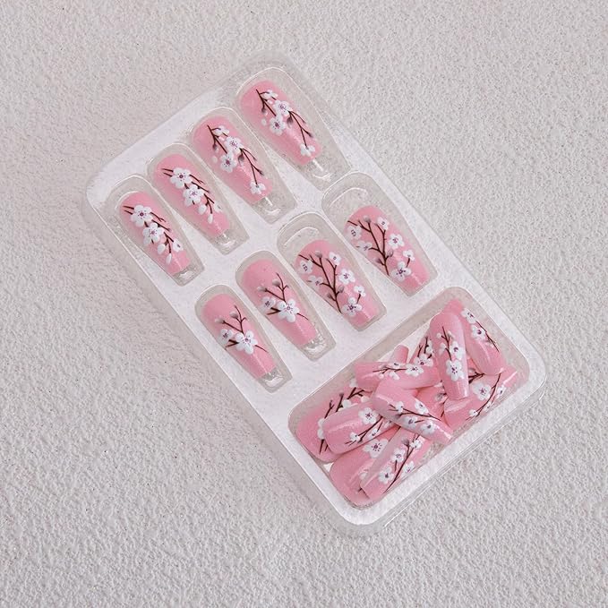 Pink Press on Nails Medium Coffin Fake Nails Sakura Flower Acrylic Nails 3D Floral False Nails Glossy Glue on Nails Stick on Nails Cute Artificial Nails for Women Girls Manicure 24Pcs