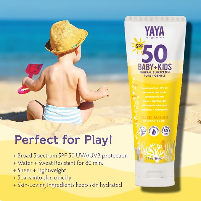 YAYA ORGANICS Baby + Kids Mineral Sunscreen with Free Sponge Applicators, SPF 50, Reef-Friendly, Non-Nano Zinc Oxide, Hypoallergenic, 3 oz, 2-pack