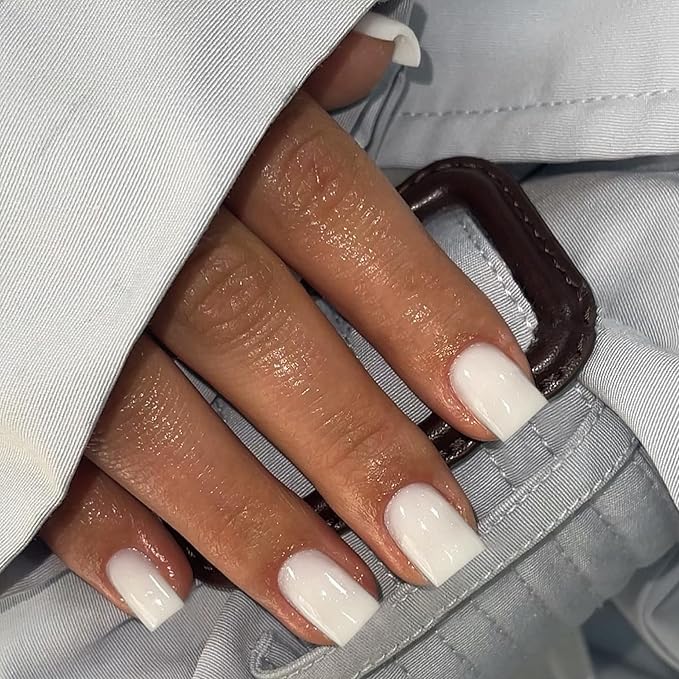 48Pcs White Press on Nails Short Square Fake Nails Glue on Gel Nails Press ons, Acrylic False Nail Stick on for Women, Natural Handmade Thick Extra Short Nail Small Petite