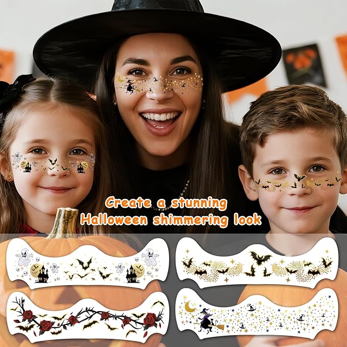 12pcs Halloween Glitter Freckles Face Tattoos Makeup Patches with Pumpkin, Bat, Spider, Witch, Skull, Love Heart, Flowers Design, Face Temporary Tattoos for Adults Kids Rave Accessories
